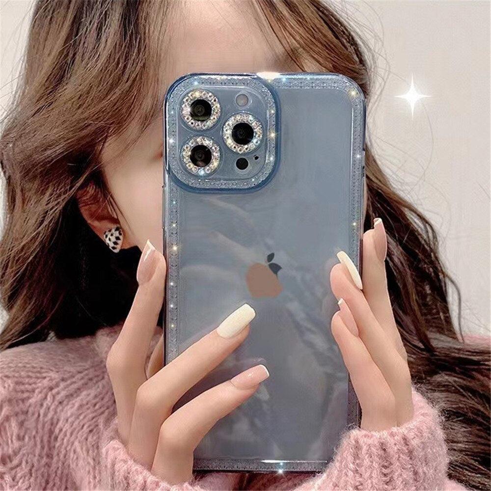 Coque de protection transparente avec strass en cristal de luxe pour iPhone 13 12 11 Pro Max X XR XS 8Plus, antichoc, en silicone souple et fine.