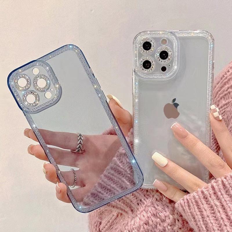 Coque de protection transparente avec strass en cristal de luxe pour iPhone 13 12 11 Pro Max X XR XS 8Plus, antichoc, en silicone souple et fine.