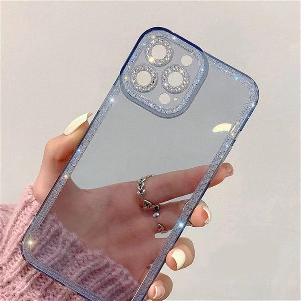 Coque de protection transparente avec strass en cristal de luxe pour iPhone 13 12 11 Pro Max X XR XS 8Plus, antichoc, en silicone souple et fine.