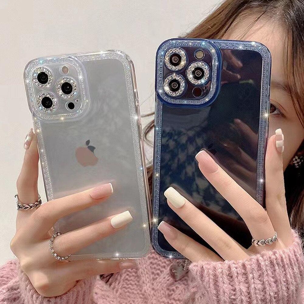 Coque de protection transparente avec strass en cristal de luxe pour iPhone 13 12 11 Pro Max X XR XS 8Plus, antichoc, en silicone souple et fine.