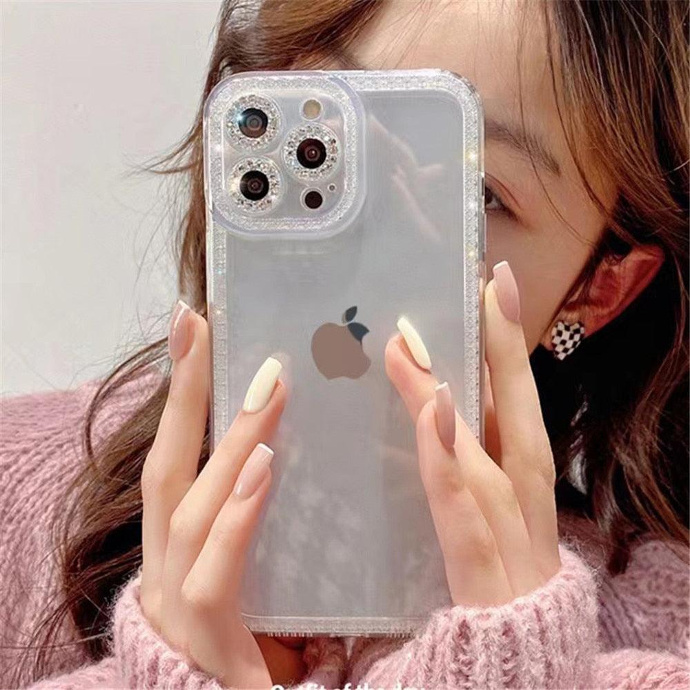 Coque de protection transparente avec strass en cristal de luxe pour iPhone 13 12 11 Pro Max X XR XS 8Plus, antichoc, en silicone souple et fine.