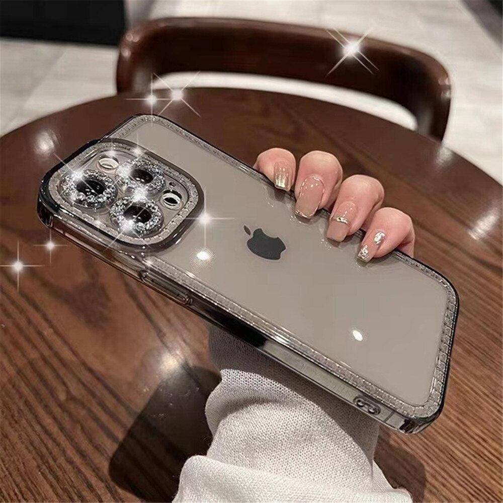 Coque de protection transparente avec strass en cristal de luxe pour iPhone 13 12 11 Pro Max X XR XS 8Plus, antichoc, en silicone souple et fine.