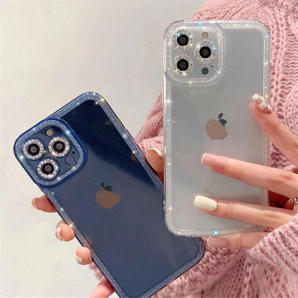 Coque de protection transparente avec strass en cristal de luxe pour iPhone 13 12 11 Pro Max X XR XS 8Plus, antichoc, en silicone souple et fine.