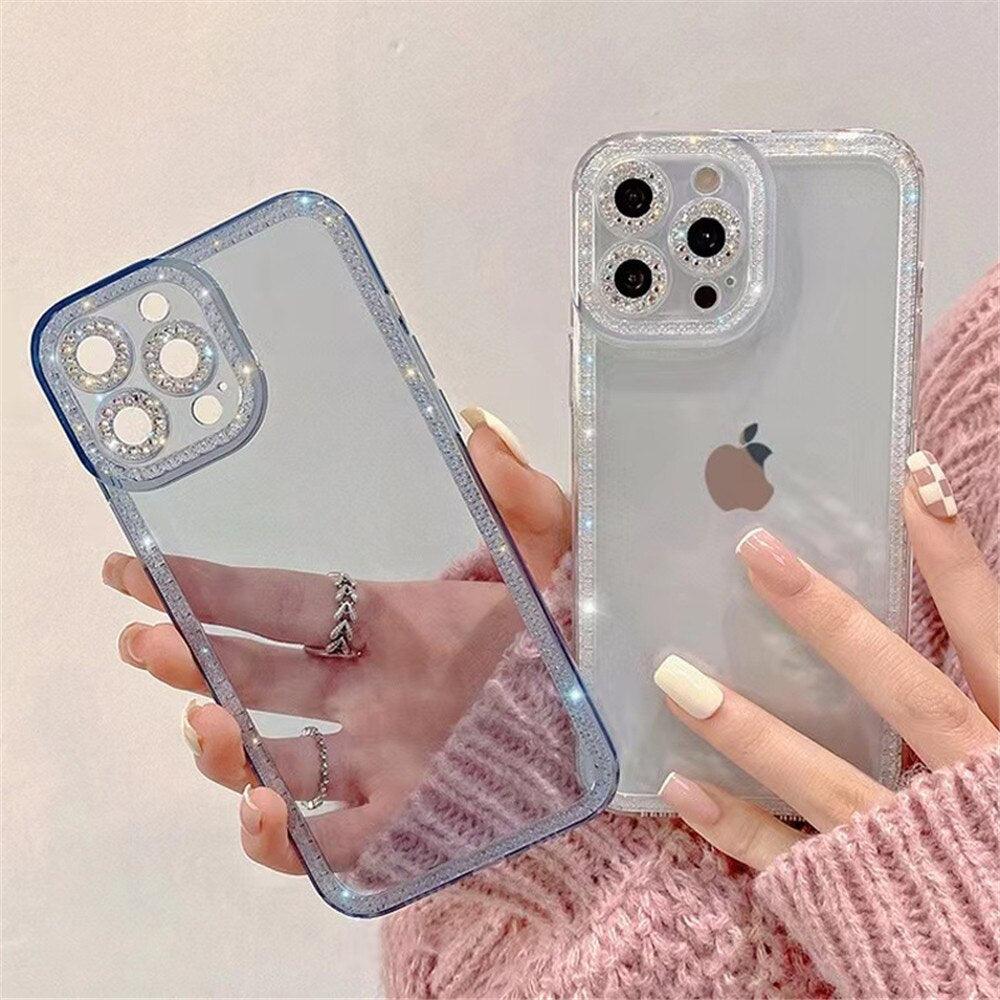 Coque de protection transparente avec strass en cristal de luxe pour iPhone 13 12 11 Pro Max X XR XS 8Plus, antichoc, en silicone souple et fine.