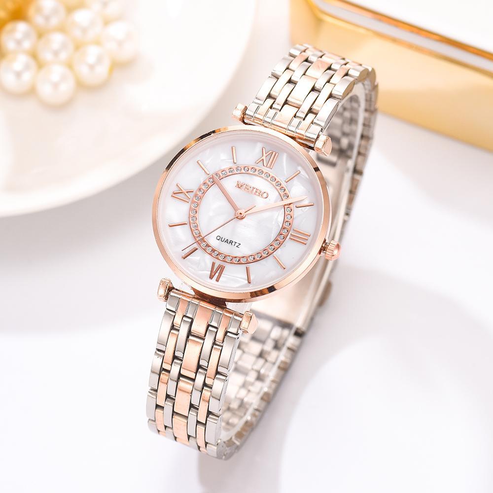 Montres bracelet de luxe en cristal pour femmes, montre à quartz tendance avec diamants, montre-bracelet en acier inoxydable pour femmes, montre-bracelet en métal bicolore élégante à quartz analogique avec diamants, cadeau pour femme