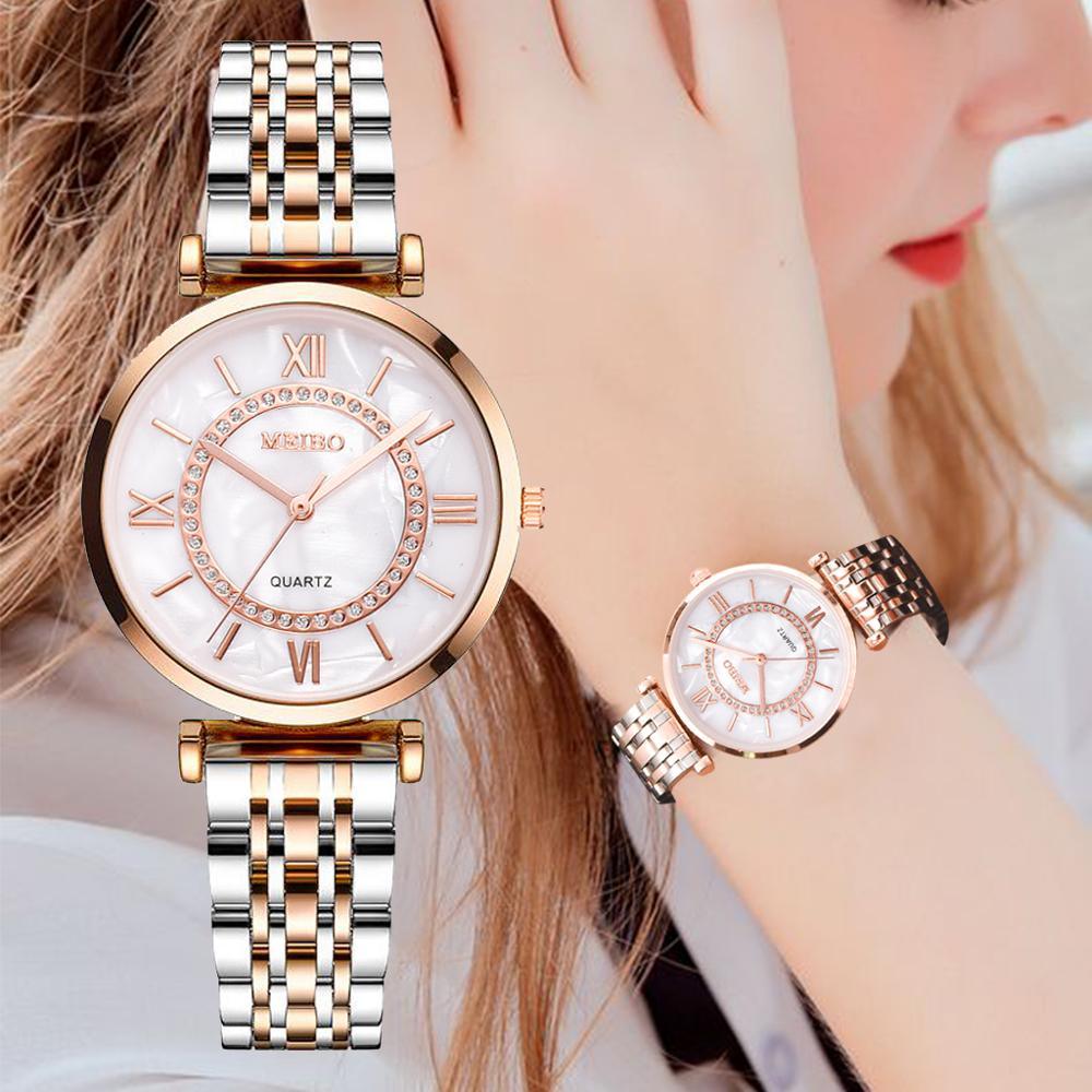 Montres bracelet de luxe en cristal pour femmes, montre à quartz tendance avec diamants, montre-bracelet en acier inoxydable pour femmes, montre-bracelet en métal bicolore élégante à quartz analogique avec diamants, cadeau pour femme