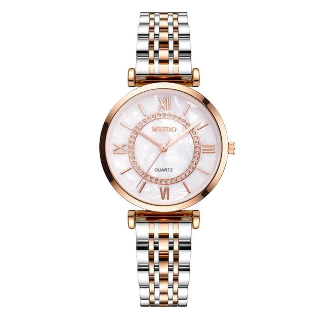 Montres bracelet de luxe en cristal pour femmes, montre à quartz tendance avec diamants, montre-bracelet en acier inoxydable pour femmes, montre-bracelet en métal bicolore élégante à quartz analogique avec diamants, cadeau pour femme