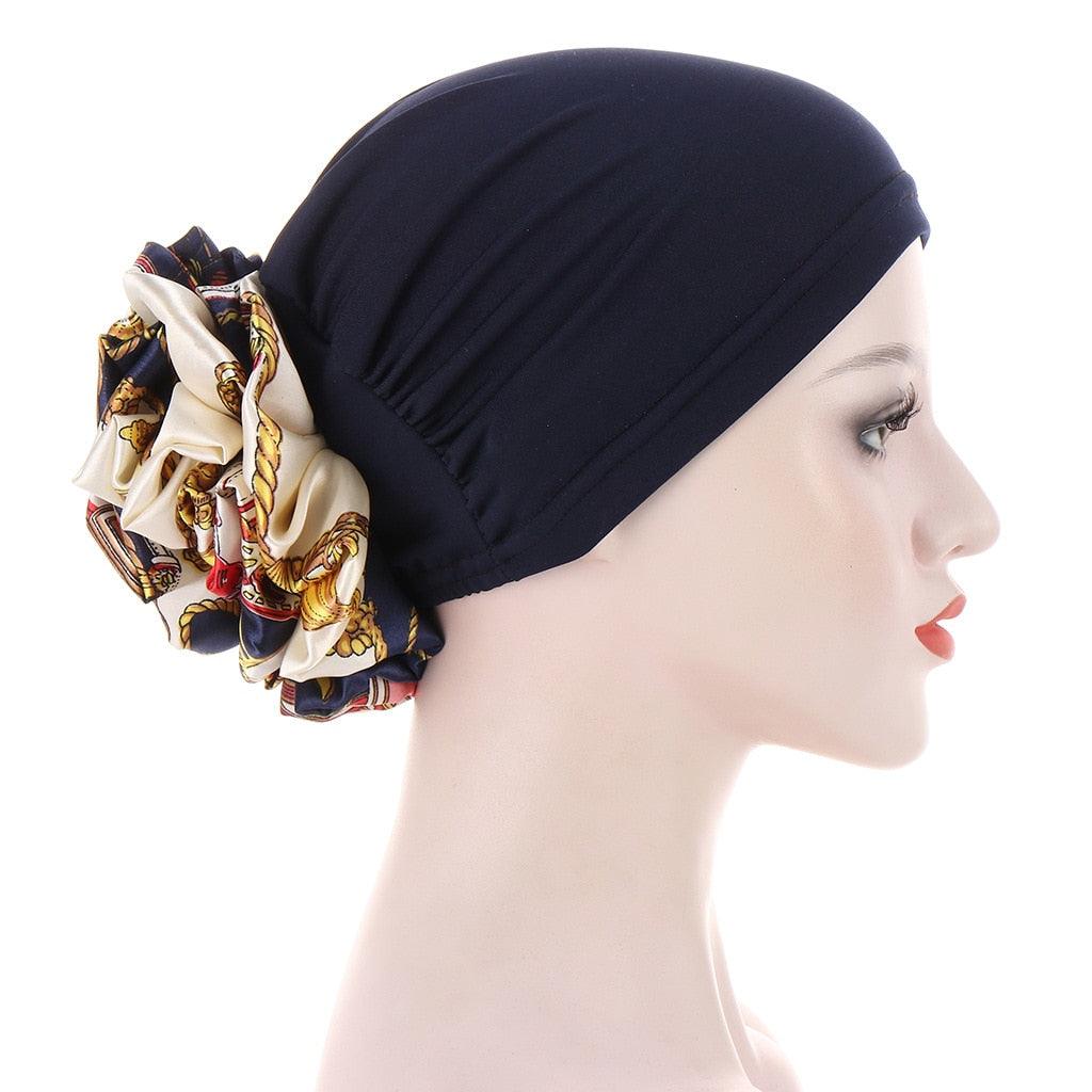 Chapeau Turban de Luxe Élégant Chapeau Léger Doux Grande Fleur Noire Élastique Élégant Hijab Casquettes Turban Afrique Léger Écharpe de Tête Doux Chapeau pour Femmes