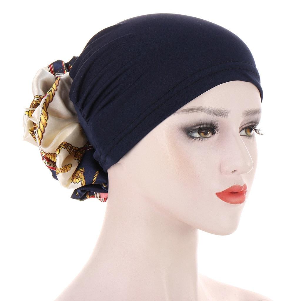 Chapeau Turban de Luxe Élégant Chapeau Léger Doux Grande Fleur Noire Élastique Élégant Hijab Casquettes Turban Afrique Léger Écharpe de Tête Doux Chapeau pour Femmes