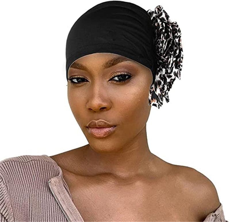 Chapeau Turban de Luxe Élégant Chapeau Léger Doux Grande Fleur Noire Élastique Élégant Hijab Casquettes Turban Afrique Léger Écharpe de Tête Doux Chapeau pour Femmes