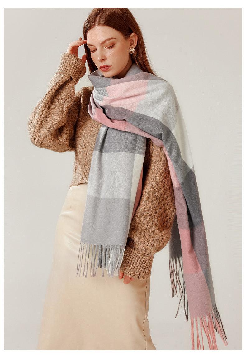Écharpe de luxe, mode automne-hiver, douce et chaude, à carreaux, hijabs colorés, châles en cachemire, bandana doux et chaud, écharpes légères pour femmes, écharpe élégante, écharpe en laine douce élégante à pompons pour femmes