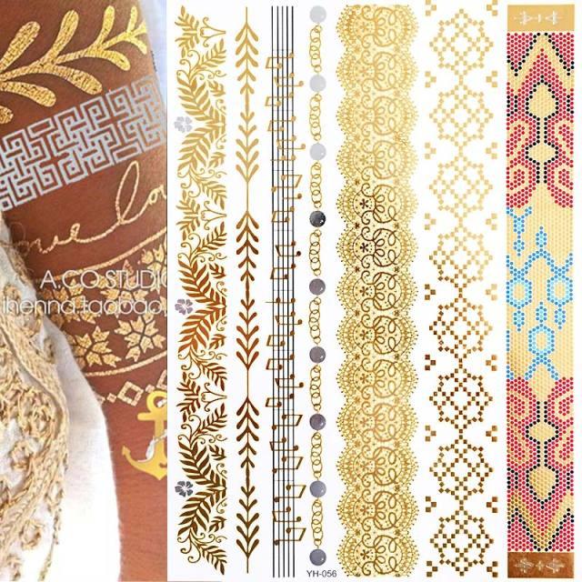 Tatouage Temporaire Luxe Métallique Imperméable Or Argent Fleur Autocollant Longue Durée Motif Doré Pour Femmes