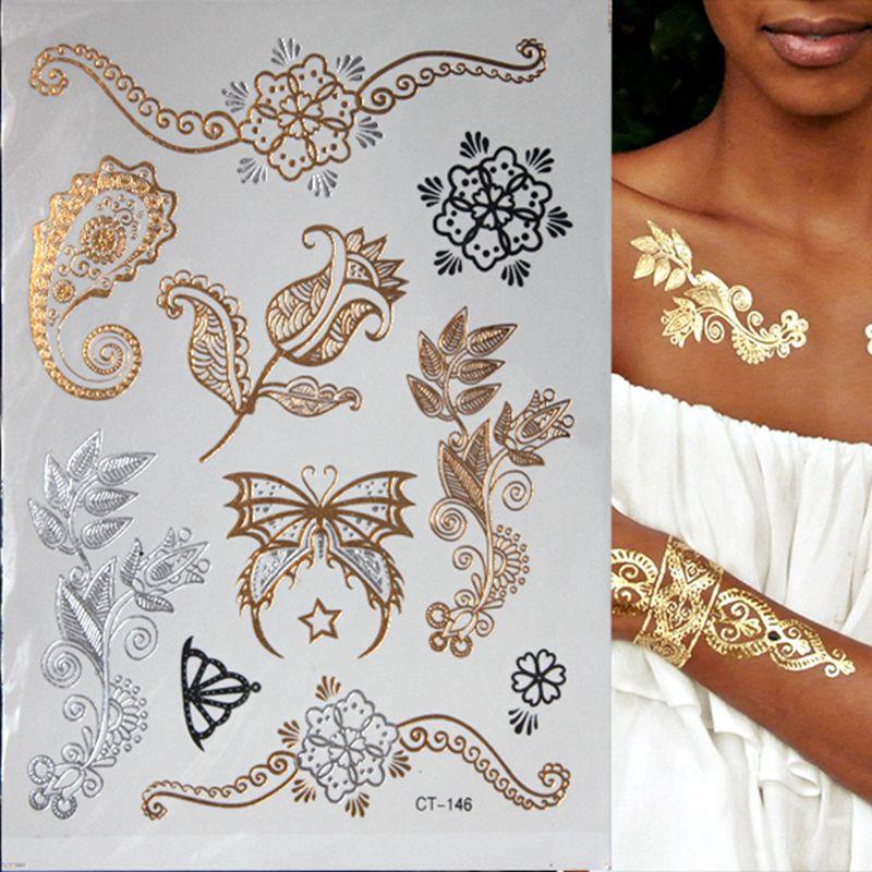 Tatouage Temporaire Luxe Métallique Imperméable Or Argent Fleur Autocollant Longue Durée Motif Doré Pour Femmes