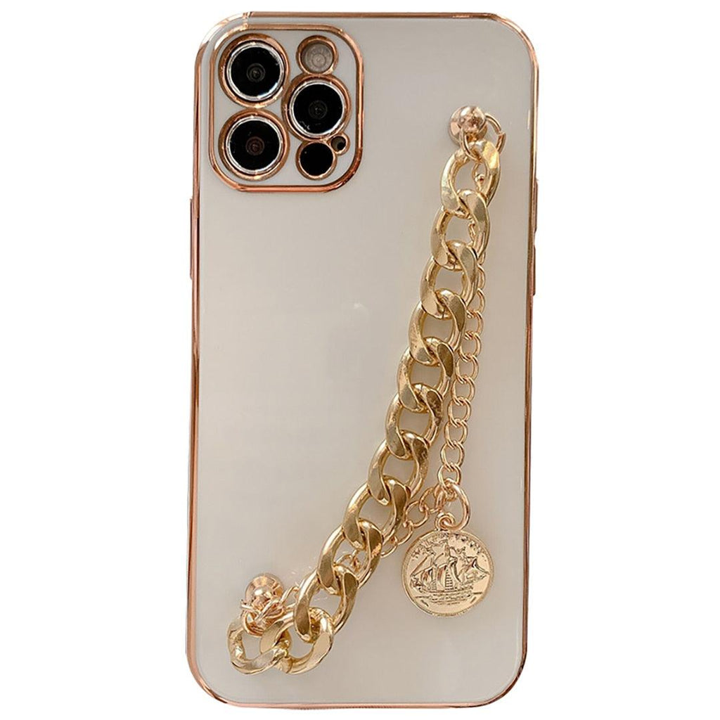 Coque de protection souple de luxe en métal doré brillant avec chaîne pour iPhone 13 12 Pro Max 14 11 Pro Max X XS XR 7 8 Plus