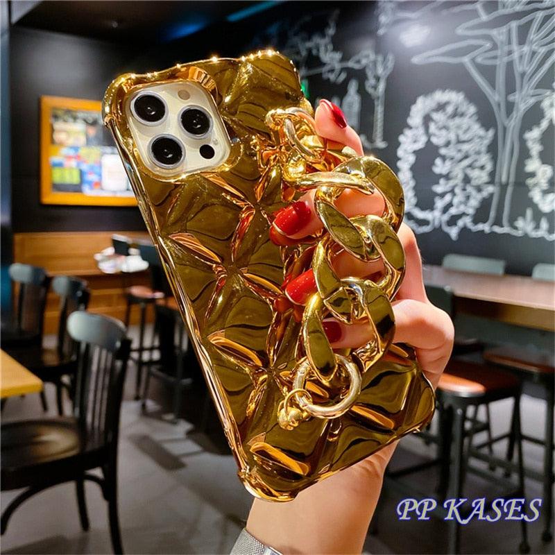 Bracelet Électroplaqué Plaqué Or de Luxe Compatible avec Coque iPhone Diamant Mignonne Étincelante de Luxe Paillettes Strass Coque Téléphone Pour iPhone 14 13 Promax 11 12 Pro Max Mini Xs Max XR 8 7 Plus Housse Miroir