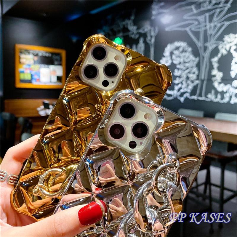 Bracelet Électroplaqué Plaqué Or de Luxe Compatible avec Coque iPhone Diamant Mignonne Étincelante de Luxe Paillettes Strass Coque Téléphone Pour iPhone 14 13 Promax 11 12 Pro Max Mini Xs Max XR 8 7 Plus Housse Miroir