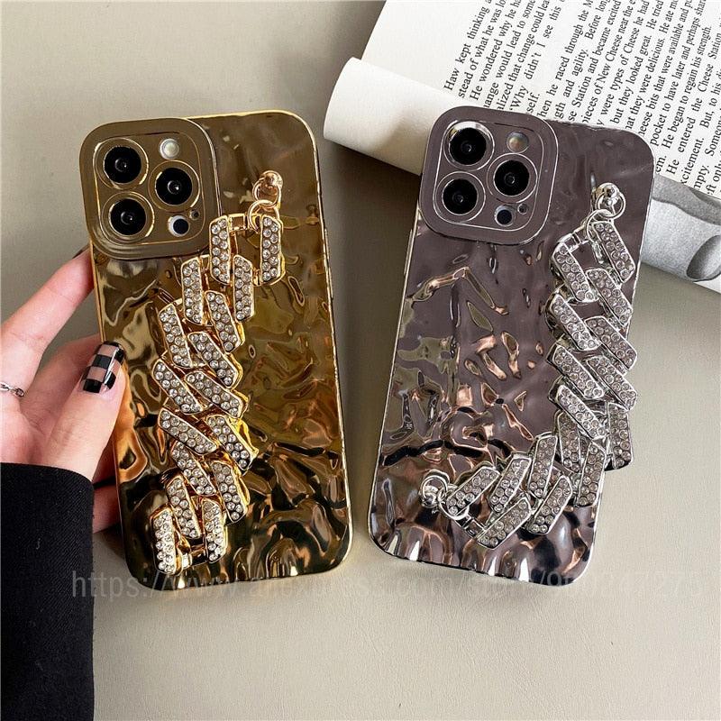 Bracelet Électroplaqué Plaqué Or de Luxe Compatible avec Coque iPhone Diamant Mignonne Étincelante de Luxe Paillettes Strass Coque Téléphone Pour iPhone 14 13 Promax 11 12 Pro Max Mini Xs Max XR 8 7 Plus Housse Miroir