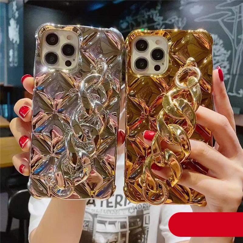 Bracelet Électroplaqué Plaqué Or de Luxe Compatible avec Coque iPhone Diamant Mignonne Étincelante de Luxe Paillettes Strass Coque Téléphone Pour iPhone 14 13 Promax 11 12 Pro Max Mini Xs Max XR 8 7 Plus Housse Miroir