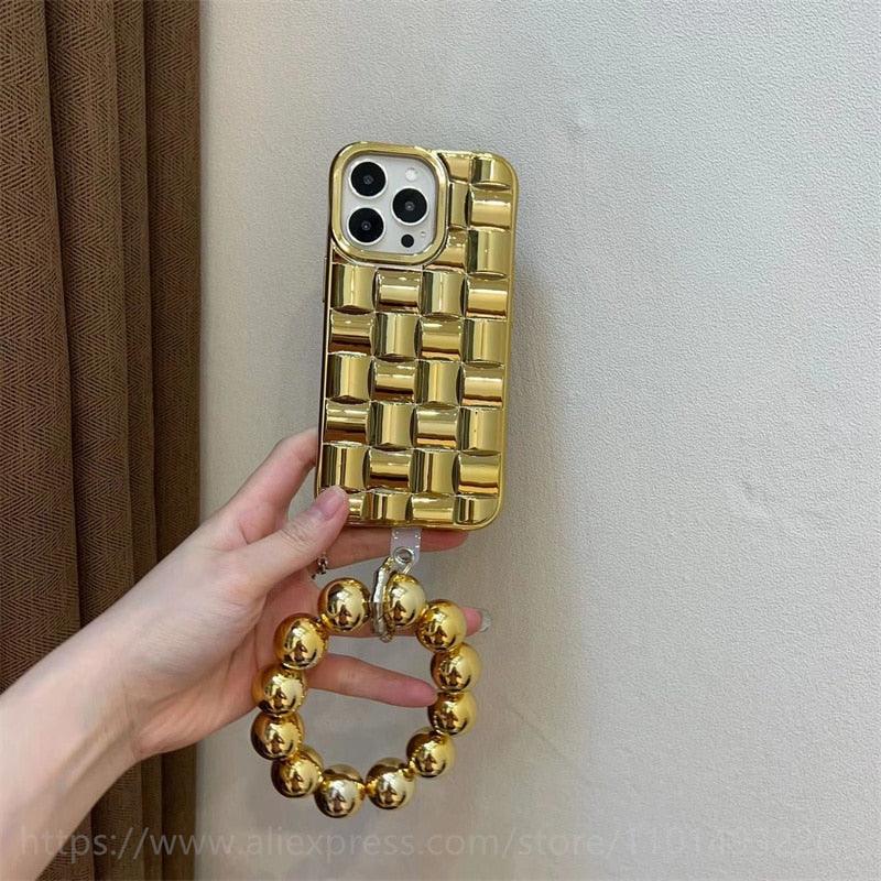 Bracelet Électroplaqué Plaqué Or de Luxe Compatible avec Coque iPhone Diamant Mignonne Étincelante de Luxe Paillettes Strass Coque Téléphone Pour iPhone 14 13 Promax 11 12 Pro Max Mini Xs Max XR 8 7 Plus Housse Miroir