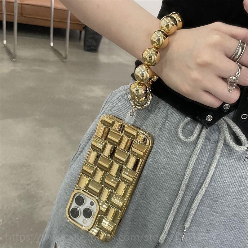 Bracelet Électroplaqué Plaqué Or de Luxe Compatible avec Coque iPhone Diamant Mignonne Étincelante de Luxe Paillettes Strass Coque Téléphone Pour iPhone 14 13 Promax 11 12 Pro Max Mini Xs Max XR 8 7 Plus Housse Miroir
