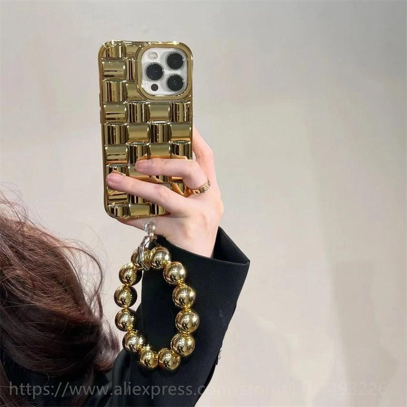 Bracelet Électroplaqué Plaqué Or de Luxe Compatible avec Coque iPhone Diamant Mignonne Étincelante de Luxe Paillettes Strass Coque Téléphone Pour iPhone 14 13 Promax 11 12 Pro Max Mini Xs Max XR 8 7 Plus Housse Miroir
