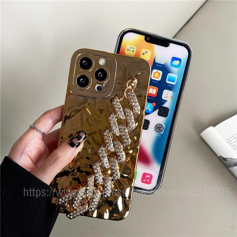 Bracelet Électroplaqué Plaqué Or de Luxe Compatible avec Coque iPhone Diamant Mignonne Étincelante de Luxe Paillettes Strass Coque Téléphone Pour iPhone 14 13 Promax 11 12 Pro Max Mini Xs Max XR 8 7 Plus Housse Miroir