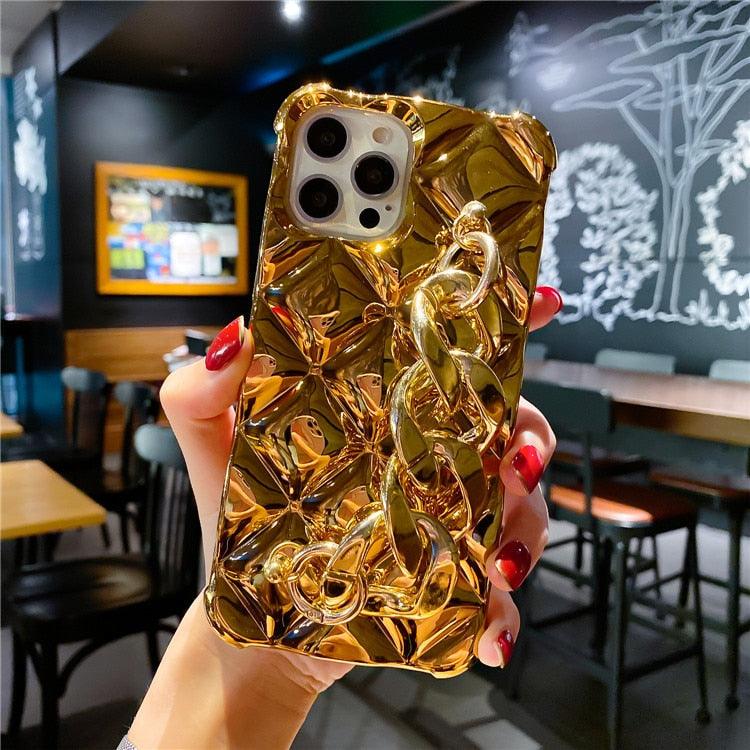 Bracelet Électroplaqué Plaqué Or de Luxe Compatible avec Coque iPhone Diamant Mignonne Étincelante de Luxe Paillettes Strass Coque Téléphone Pour iPhone 14 13 Promax 11 12 Pro Max Mini Xs Max XR 8 7 Plus Housse Miroir