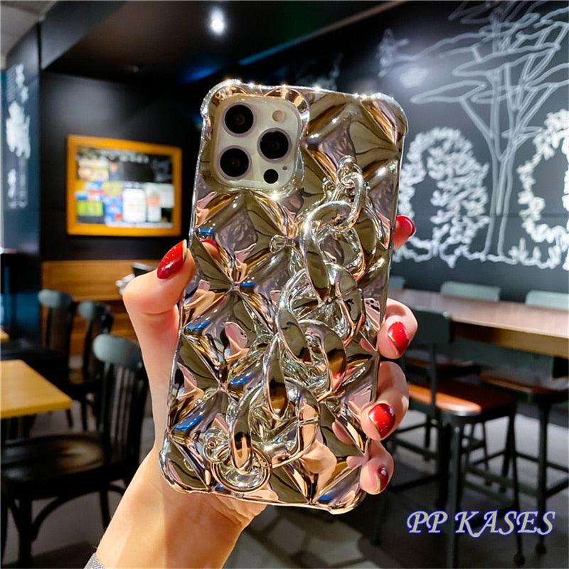 Bracelet Électroplaqué Plaqué Or de Luxe Compatible avec Coque iPhone Diamant Mignonne Étincelante de Luxe Paillettes Strass Coque Téléphone Pour iPhone 14 13 Promax 11 12 Pro Max Mini Xs Max XR 8 7 Plus Housse Miroir