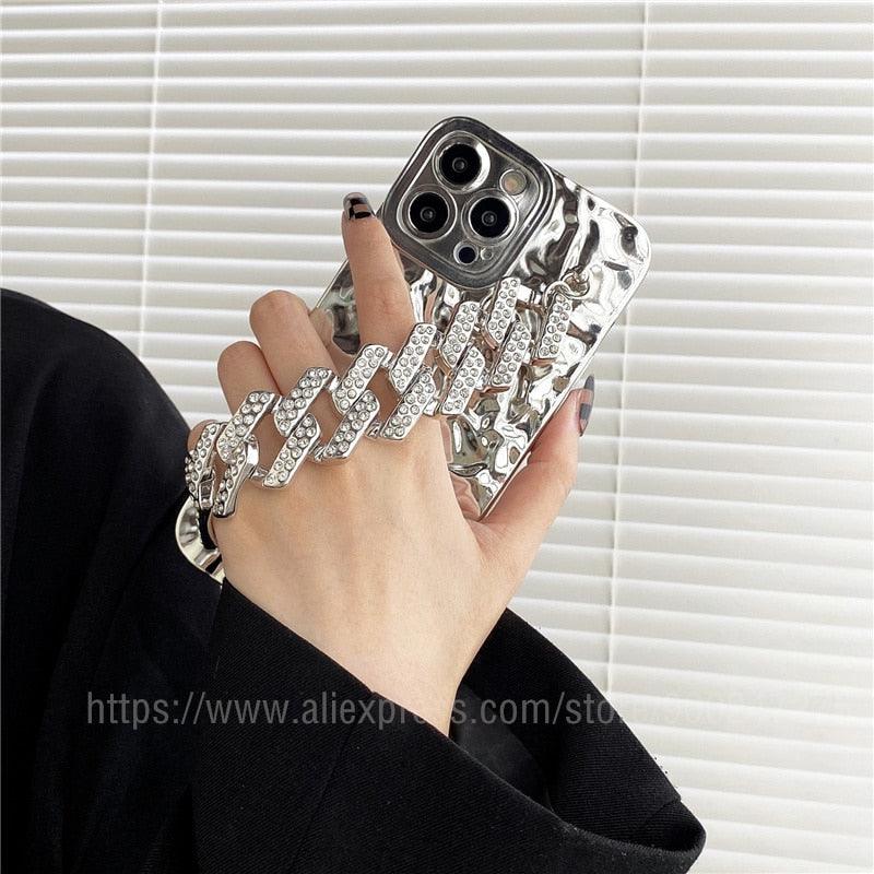 Bracelet Électroplaqué Plaqué Or de Luxe Compatible avec Coque iPhone Diamant Mignonne Étincelante de Luxe Paillettes Strass Coque Téléphone Pour iPhone 14 13 Promax 11 12 Pro Max Mini Xs Max XR 8 7 Plus Housse Miroir