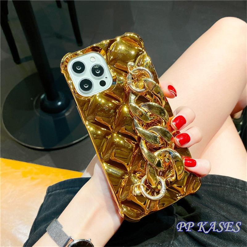 Bracelet Électroplaqué Plaqué Or de Luxe Compatible avec Coque iPhone Diamant Mignonne Étincelante de Luxe Paillettes Strass Coque Téléphone Pour iPhone 14 13 Promax 11 12 Pro Max Mini Xs Max XR 8 7 Plus Housse Miroir