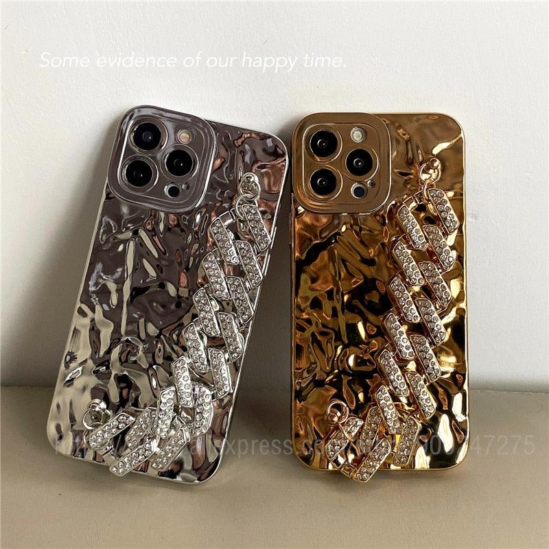 Bracelet Électroplaqué Plaqué Or de Luxe Compatible avec Coque iPhone Diamant Mignonne Étincelante de Luxe Paillettes Strass Coque Téléphone Pour iPhone 14 13 Promax 11 12 Pro Max Mini Xs Max XR 8 7 Plus Housse Miroir