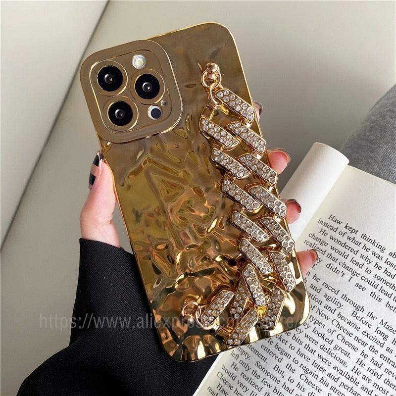 Bracelet Électroplaqué Plaqué Or de Luxe Compatible avec Coque iPhone Diamant Mignonne Étincelante de Luxe Paillettes Strass Coque Téléphone Pour iPhone 14 13 Promax 11 12 Pro Max Mini Xs Max XR 8 7 Plus Housse Miroir