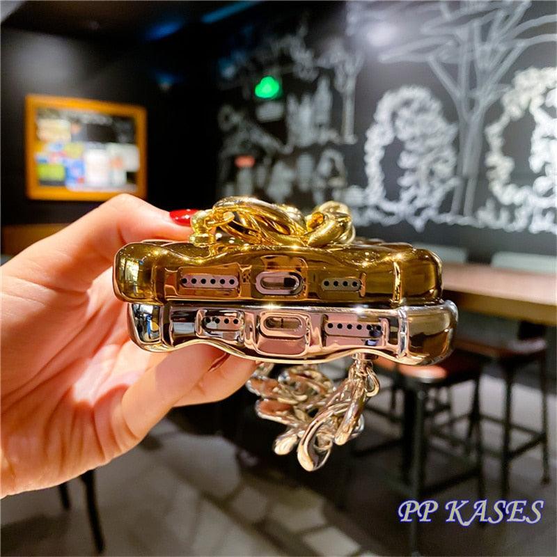 Bracelet Électroplaqué Plaqué Or de Luxe Compatible avec Coque iPhone Diamant Mignonne Étincelante de Luxe Paillettes Strass Coque Téléphone Pour iPhone 14 13 Promax 11 12 Pro Max Mini Xs Max XR 8 7 Plus Housse Miroir