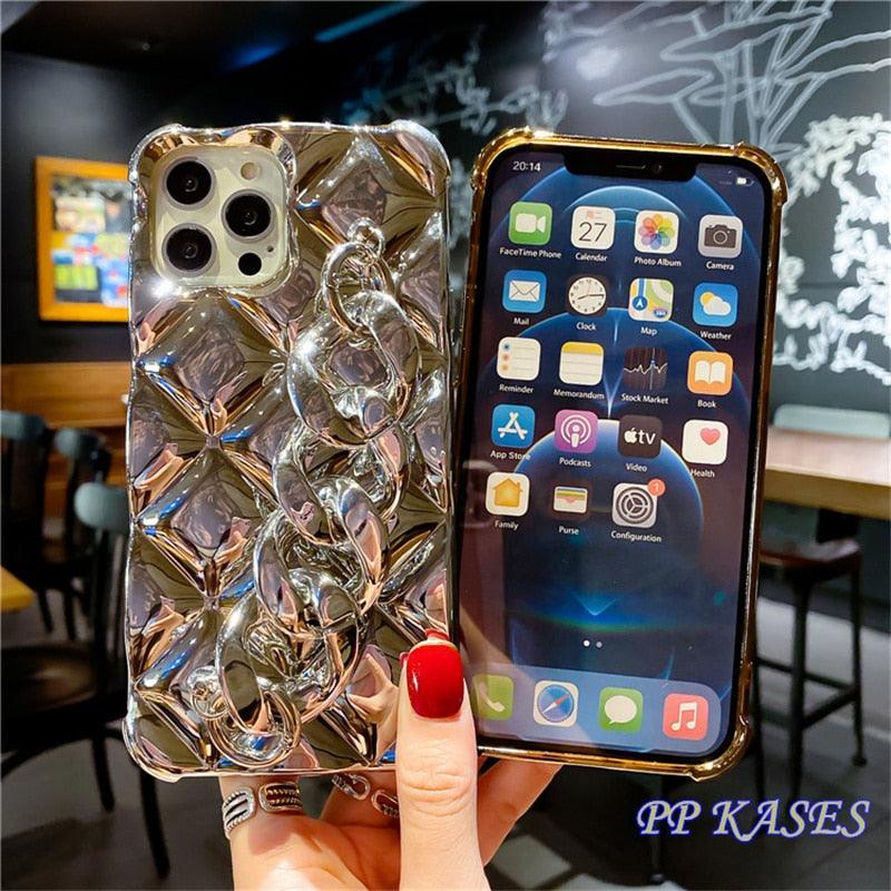 Bracelet Électroplaqué Plaqué Or de Luxe Compatible avec Coque iPhone Diamant Mignonne Étincelante de Luxe Paillettes Strass Coque Téléphone Pour iPhone 14 13 Promax 11 12 Pro Max Mini Xs Max XR 8 7 Plus Housse Miroir
