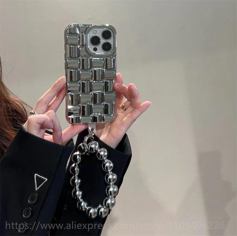 Bracelet Électroplaqué Plaqué Or de Luxe Compatible avec Coque iPhone Diamant Mignonne Étincelante de Luxe Paillettes Strass Coque Téléphone Pour iPhone 14 13 Promax 11 12 Pro Max Mini Xs Max XR 8 7 Plus Housse Miroir