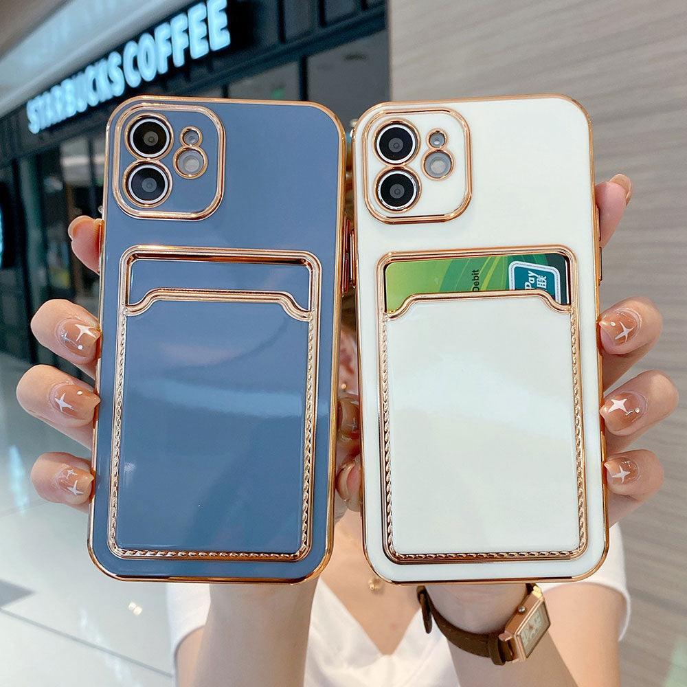 Coque de téléphone de luxe plaquée or avec fente pour cartes pour iPhone 13 Pro 12 11 Pro MAX XS XR XS MAX Coque arrière de luxe noire et orange avec cadre doré pour iPhone