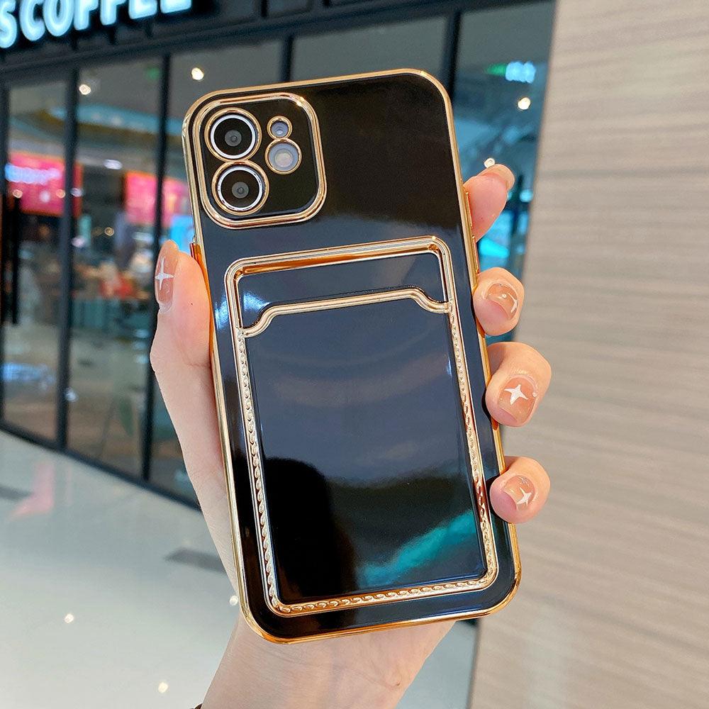 Coque de téléphone de luxe plaquée or avec fente pour cartes pour iPhone 13 Pro 12 11 Pro MAX XS XR XS MAX Coque arrière de luxe noire et orange avec cadre doré pour iPhone