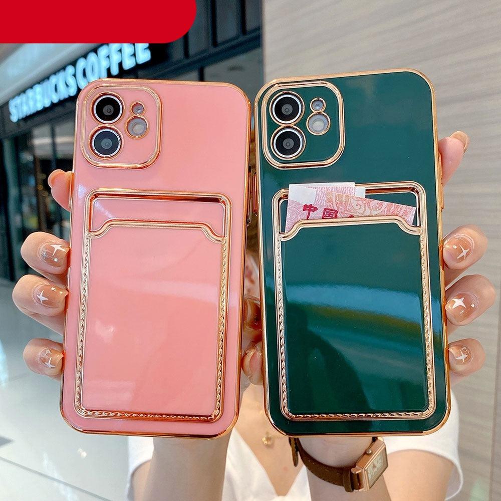 Coque de téléphone de luxe plaquée or avec fente pour cartes pour iPhone 13 Pro 12 11 Pro MAX XS XR XS MAX Coque arrière de luxe noire et orange avec cadre doré pour iPhone