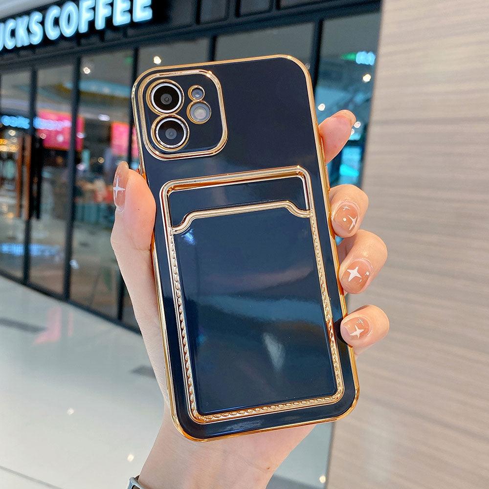 Coque de téléphone de luxe plaquée or avec fente pour cartes pour iPhone 13 Pro 12 11 Pro MAX XS XR XS MAX Coque arrière de luxe noire et orange avec cadre doré pour iPhone