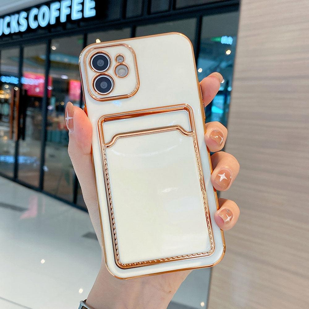 Coque de téléphone de luxe plaquée or avec fente pour cartes pour iPhone 13 Pro 12 11 Pro MAX XS XR XS MAX Coque arrière de luxe noire et orange avec cadre doré pour iPhone