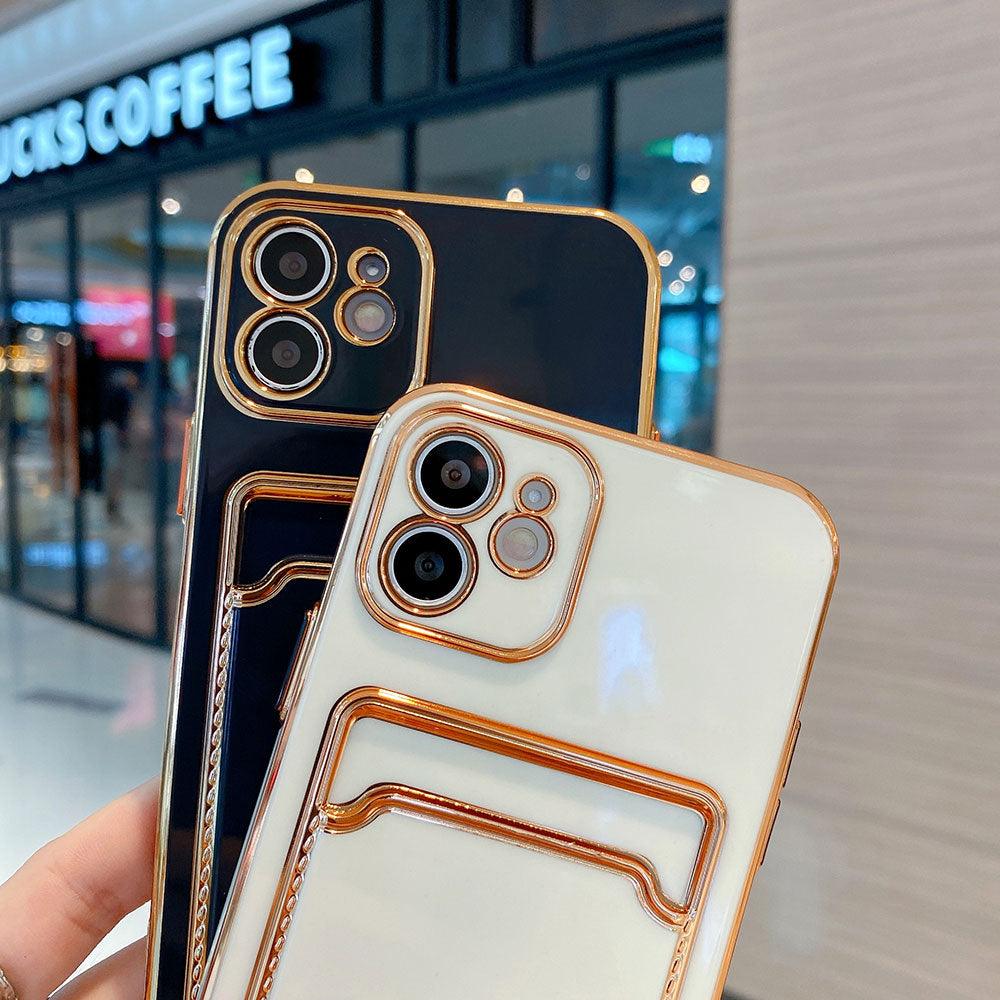 Coque de téléphone de luxe plaquée or avec fente pour cartes pour iPhone 13 Pro 12 11 Pro MAX XS XR XS MAX Coque arrière de luxe noire et orange avec cadre doré pour iPhone