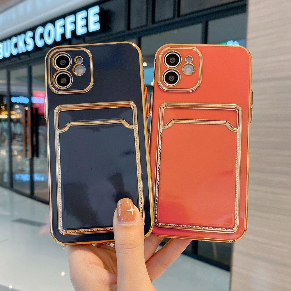 Coque de téléphone de luxe plaquée or avec fente pour cartes pour iPhone 13 Pro 12 11 Pro MAX XS XR XS MAX Coque arrière de luxe noire et orange avec cadre doré pour iPhone