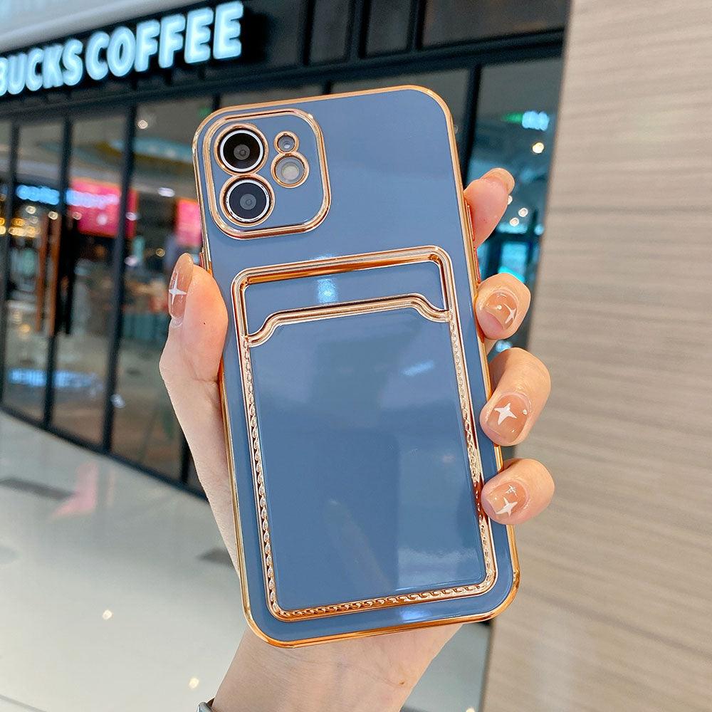 Coque de téléphone de luxe plaquée or avec fente pour cartes pour iPhone 13 Pro 12 11 Pro MAX XS XR XS MAX Coque arrière de luxe noire et orange avec cadre doré pour iPhone