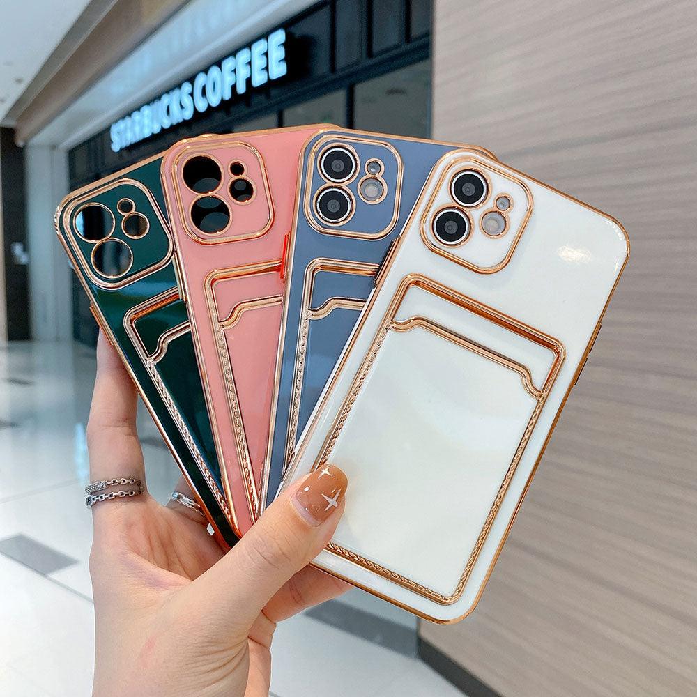 Coque de téléphone de luxe plaquée or avec fente pour cartes pour iPhone 13 Pro 12 11 Pro MAX XS XR XS MAX Coque arrière de luxe noire et orange avec cadre doré pour iPhone