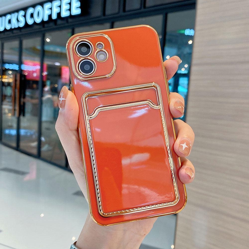 Coque de téléphone de luxe plaquée or avec fente pour cartes pour iPhone 13 Pro 12 11 Pro MAX XS XR XS MAX Coque arrière de luxe noire et orange avec cadre doré pour iPhone