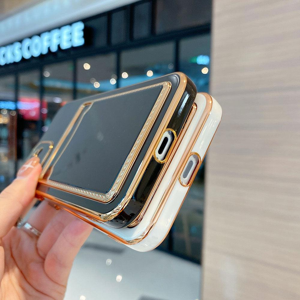 Coque de téléphone de luxe plaquée or avec fente pour cartes pour iPhone 13 Pro 12 11 Pro MAX XS XR XS MAX Coque arrière de luxe noire et orange avec cadre doré pour iPhone