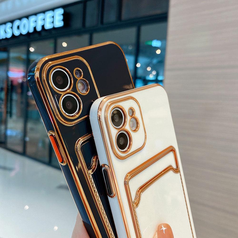 Coque de téléphone de luxe plaquée or avec fente pour cartes pour iPhone 13 Pro 12 11 Pro MAX XS XR XS MAX Coque arrière de luxe noire et orange avec cadre doré pour iPhone