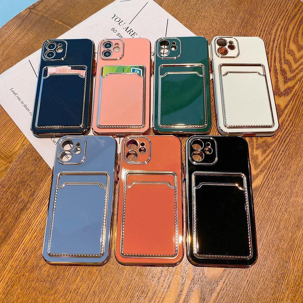 Coque de téléphone de luxe plaquée or avec fente pour cartes pour iPhone 13 Pro 12 11 Pro MAX XS XR XS MAX Coque arrière de luxe noire et orange avec cadre doré pour iPhone