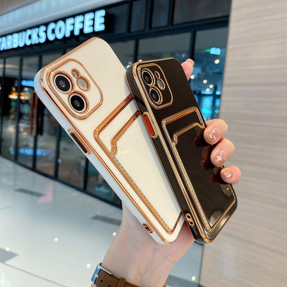 Coque de téléphone de luxe plaquée or avec fente pour cartes pour iPhone 13 Pro 12 11 Pro MAX XS XR XS MAX Coque arrière de luxe noire et orange avec cadre doré pour iPhone