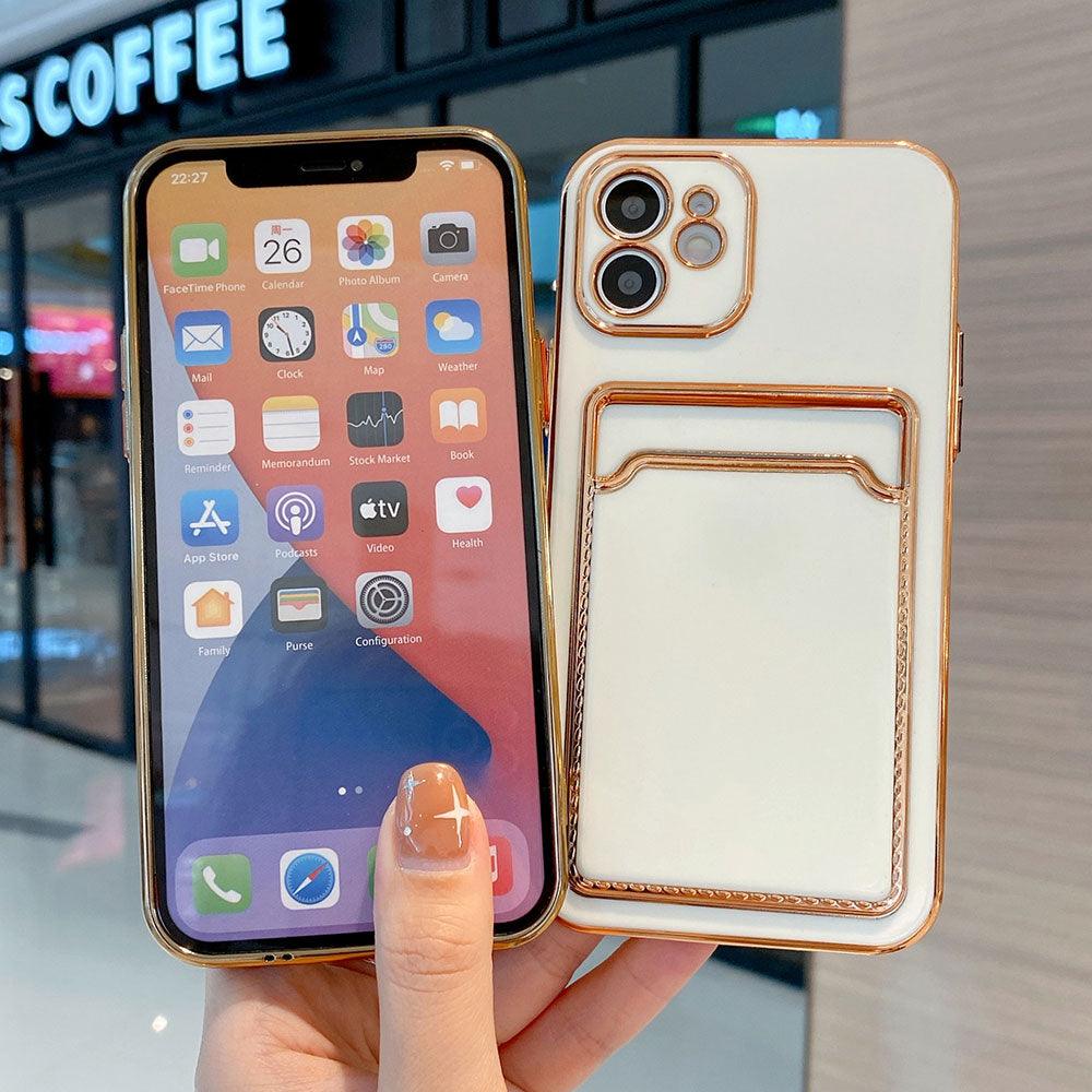 Coque de téléphone de luxe plaquée or avec fente pour cartes pour iPhone 13 Pro 12 11 Pro MAX XS XR XS MAX Coque arrière de luxe noire et orange avec cadre doré pour iPhone